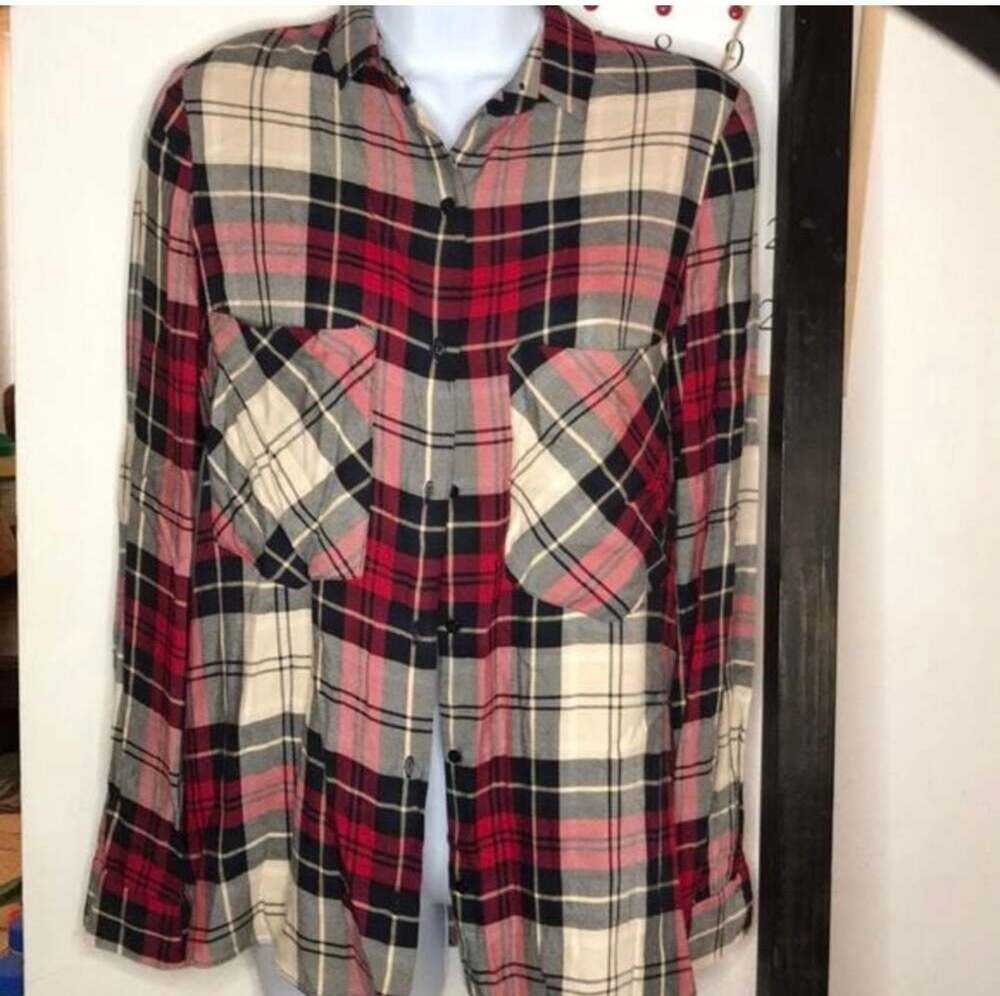 Zara Trafaluc Red Black and White Plaid Long Sleeve Button-Down Blouse